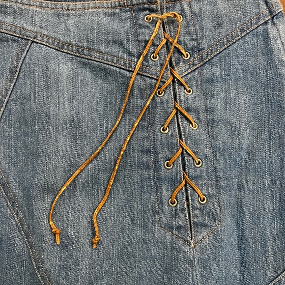 Patch work midi skirt with leather strap criss cross tie design - Picture 4 of 4